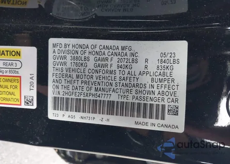 2023 Honda Civic Sport z USA, uszkodzony, nr VIN 2HGFE2F5XPH547777